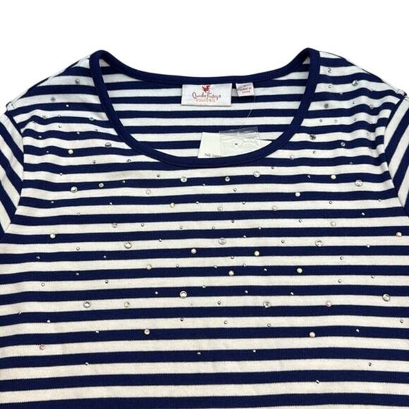 New Quacker Factory by Jeanne Bice Blue‎ White Embellished 3/4 Sleeve Top Large - Picture 2 of 7